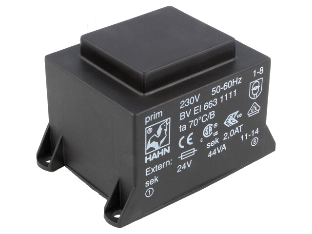 Transformator: ingegoten; 44VA; 230VAC; 24V; 1833mA; PCB; BVEI Transformator: ingegoten; 44VA; 230VAC; 24V; 1833mA; PCB; BVEI